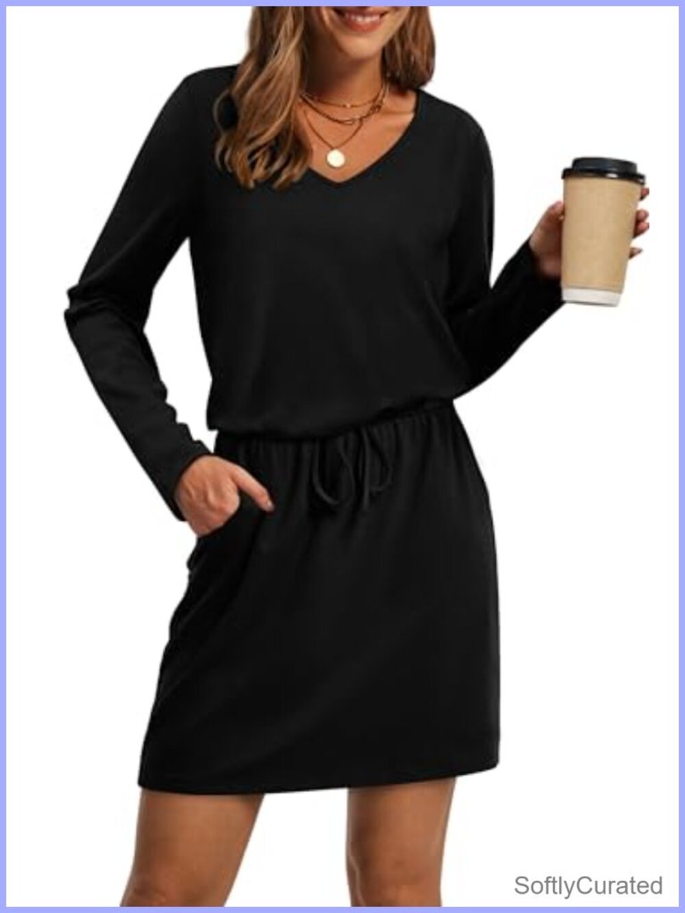 Womens Casual Long Sleeve A-Line Mini Dress V-Neck Tie Waist Pockets